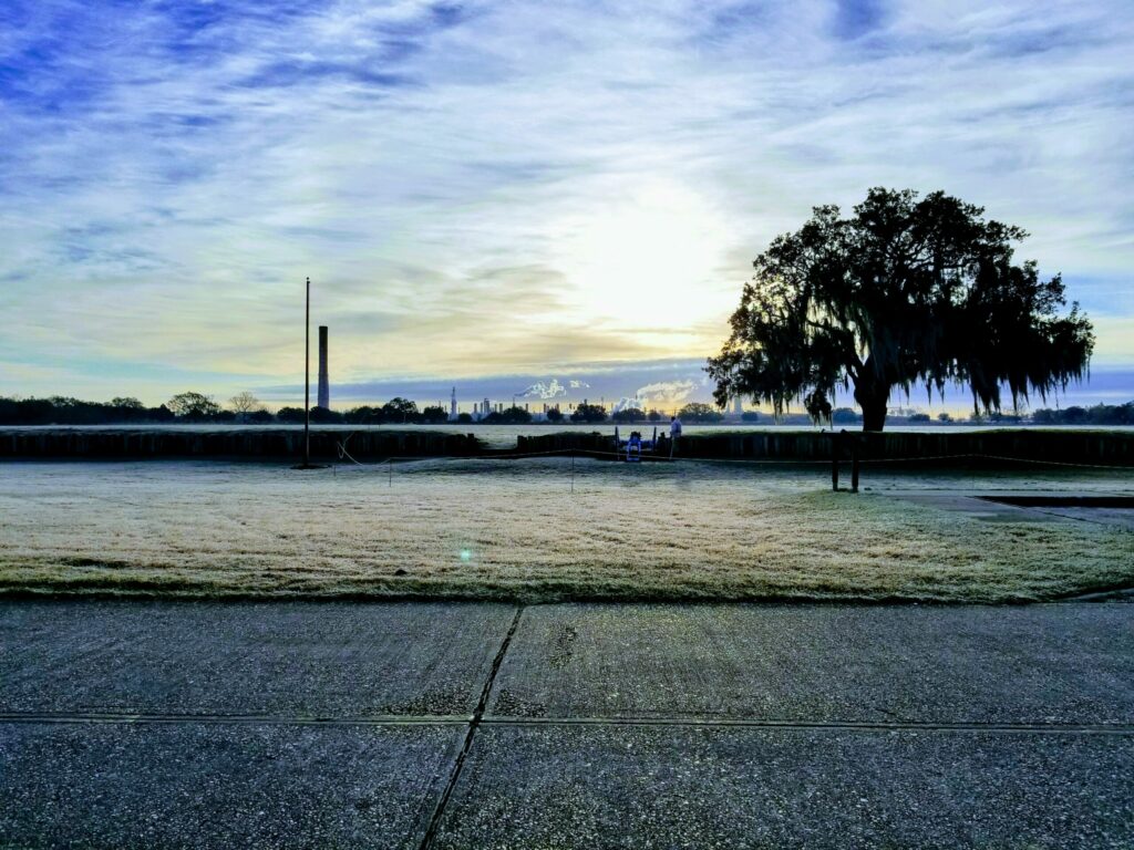A frosty early-morning view of the American rampart at Chalmette Battlefield.